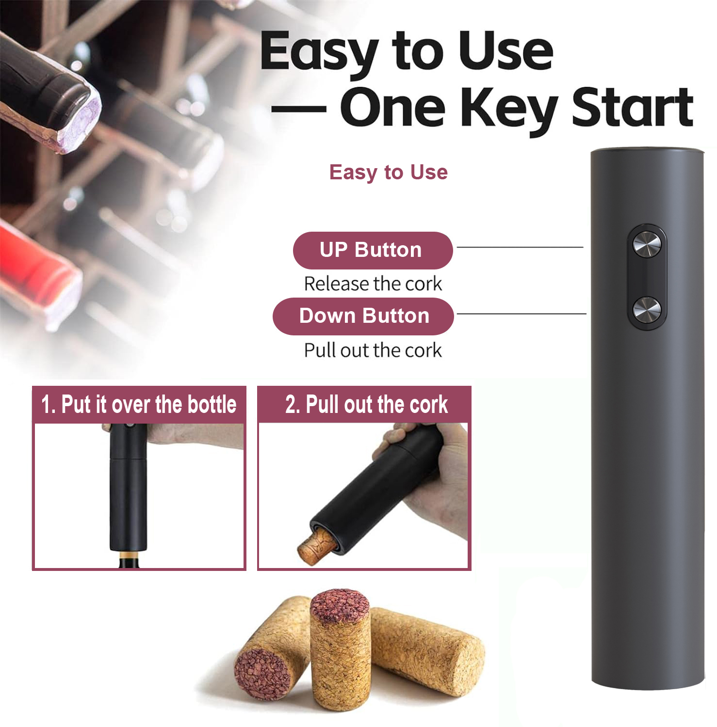 Wine Opener Electric - Ouvre-vin électrique, tire-bouchon noir avec coupe-feuille,