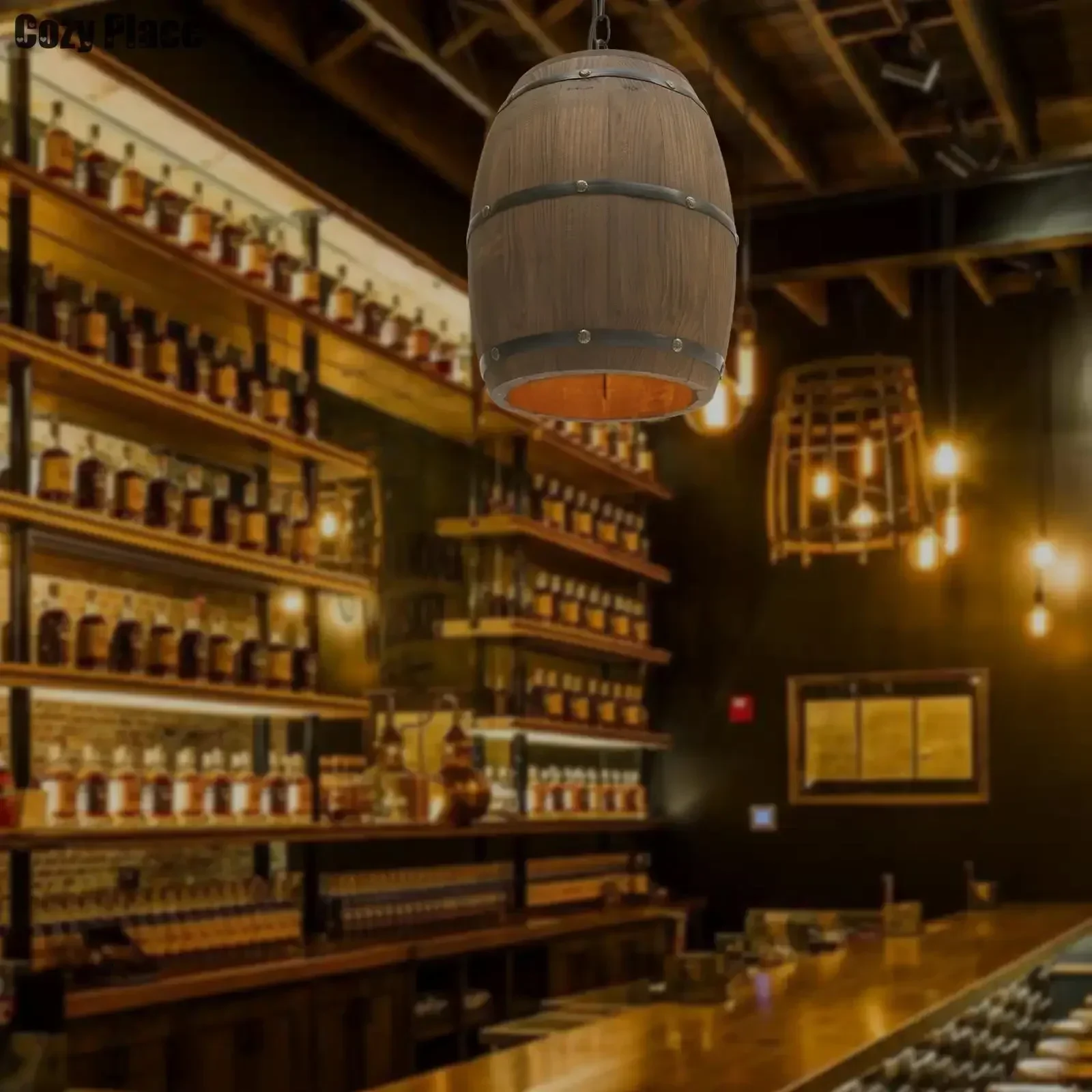 Wine & Beer Shop - Lampe rustique vintage, lustre en bois,